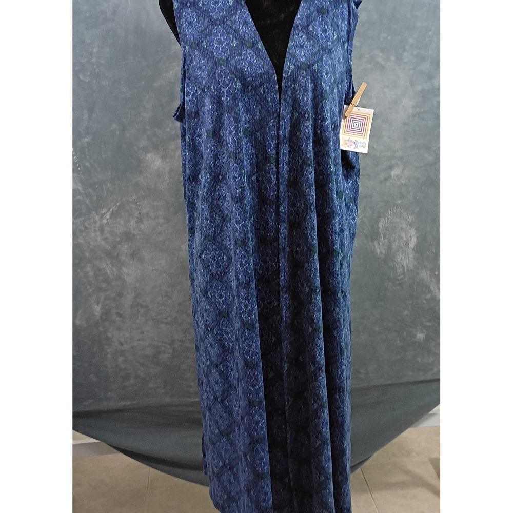 LuLaRoe Joy Vest XL Blue Green Geometric Diamond Longline Open Front Sleeveless